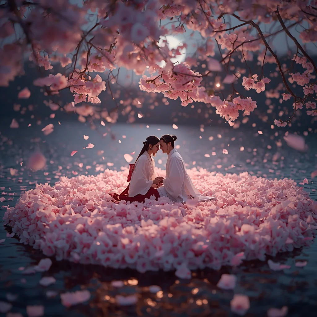 Connected Couple Sitting on a Floating Island of Giant Cherry Blossoms | Couple prompts Generator — AI image prompt