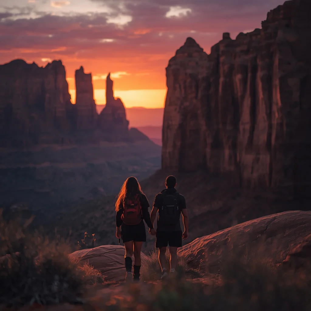 Couple Hiking Through Red Rock Canyon At Sunset Adventurous | Couple romantic prompt for Gemini AI — AI image prompt
