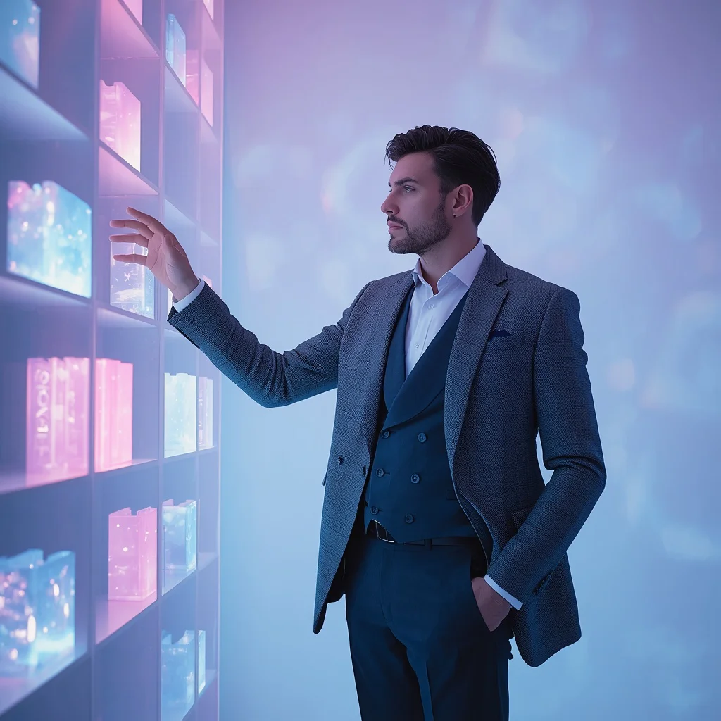Fashionable Man Standing in a Futuristic Library With Holographic Books | Editing Prompt boy Ai Photo — AI image prompt