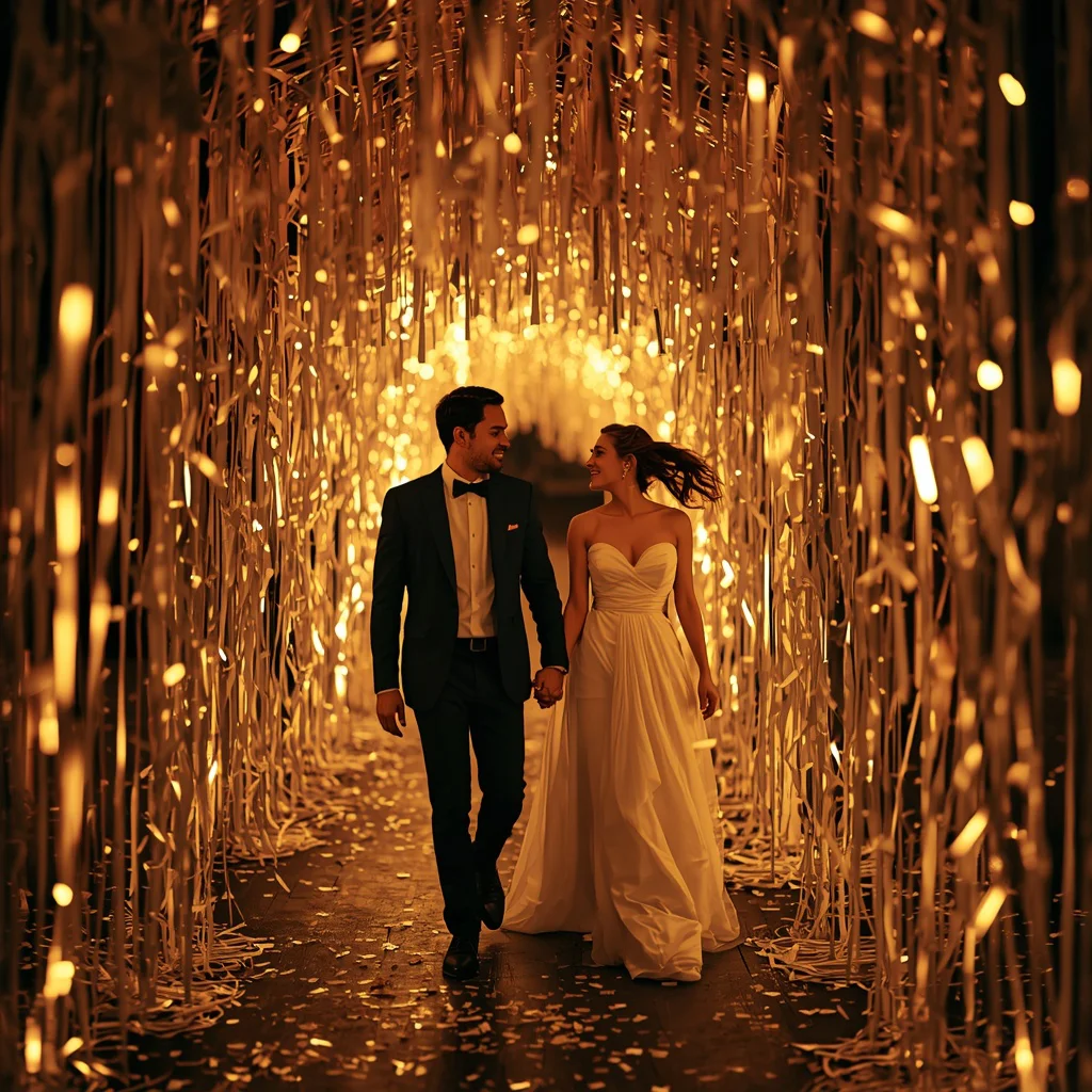 Harmonious Couple Walking Through a Tunnel of Cascading Confetti Streamers | Prompt seen couple hug — AI image prompt