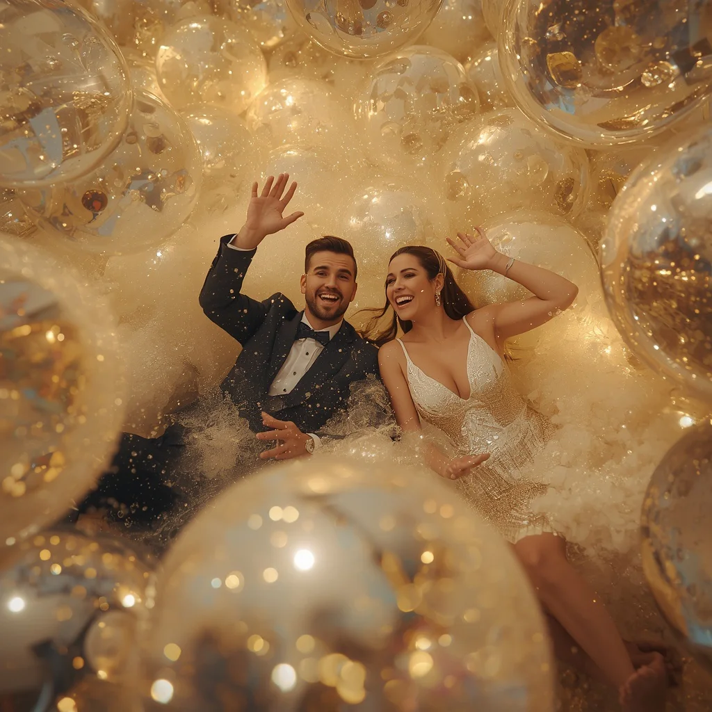 Joyful Couple Floating Amidst Giant, Bubbling Champagne Spheres | Prompt seen trending girl 2026 — AI image prompt