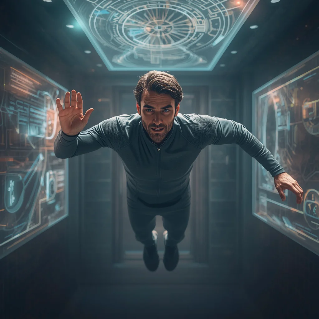 Man Floating in a Zero-Gravity Chamber With Holographic Blueprints Sci-Fi | midjourney prompt list — AI image prompt