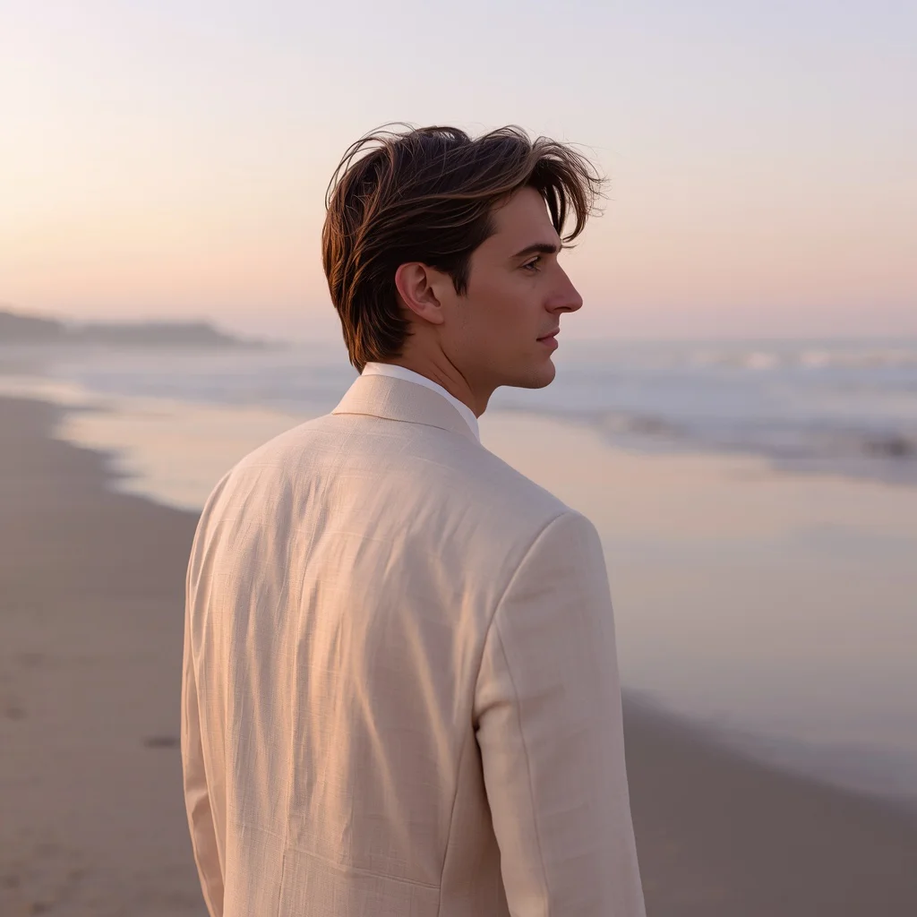 Man in Linen Suit Coastal Breeze Serene Reflection | instagram carousel ai prompt — AI image prompt