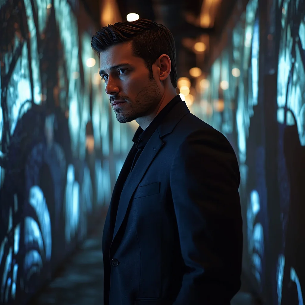 Man In Shifting Light Patterns Urban Illusionist Portrait Cinematic | Stylish boy prompt generator ai photo — AI image prompt