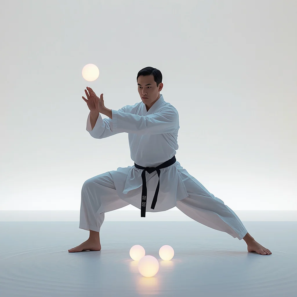 Man Training With Energy Spheres in a Zen Garden Futuristic Cinematic | google prompt — AI image prompt