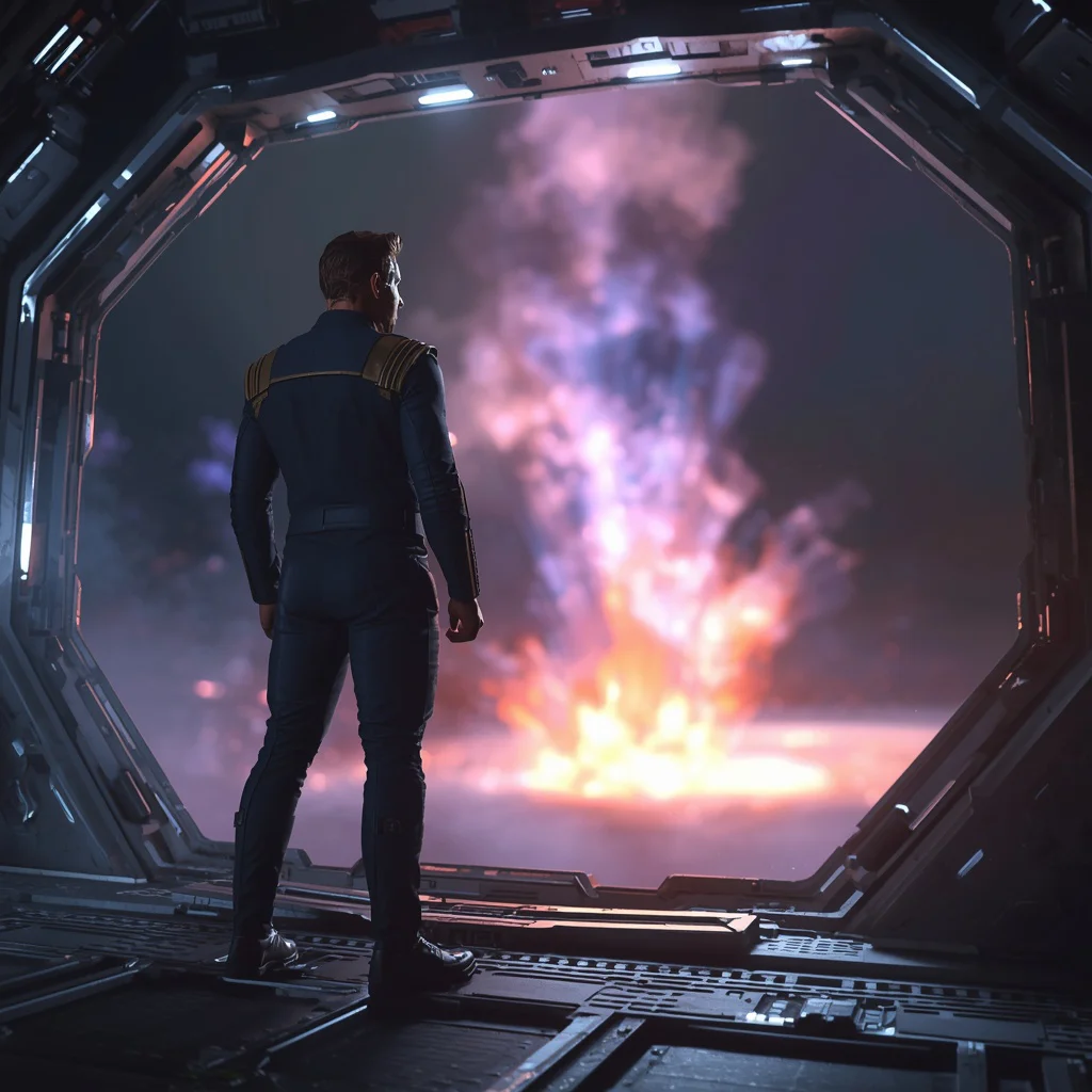 Powerful Man Standing on a Spaceship Hangar Bay Overlooking a Stellar Forge | Men prompt generator free — AI image prompt