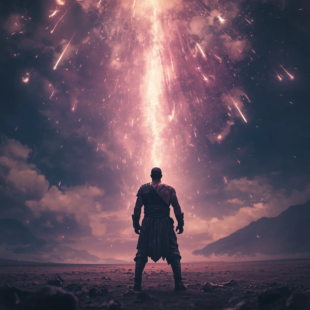 Powerful Man Standing Under a Crashing Meteor Shower Epic Cinematic | instagram viral photo prompt — AI image prompt