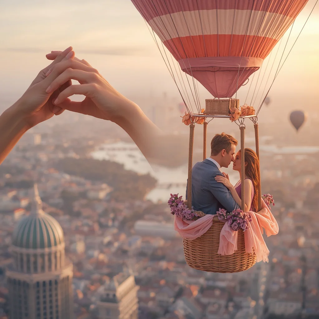 Romantic Couple in a Hot Air Balloon Over a Pastel City | Prompt seen couple hug AI photo free — AI image prompt