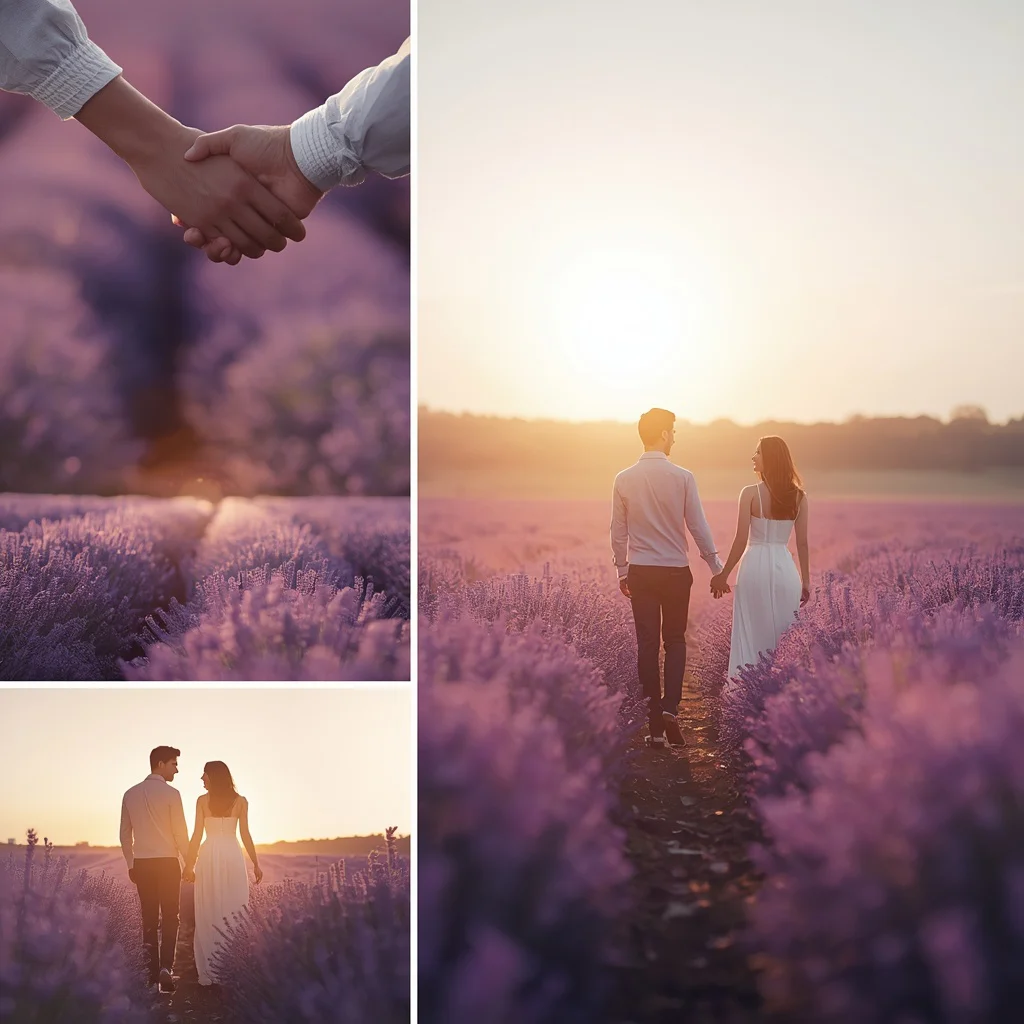 Romantic Couple in a Lavender Field with Soft Sunlight | Romantic couple AI prompt copy and paste — AI image prompt