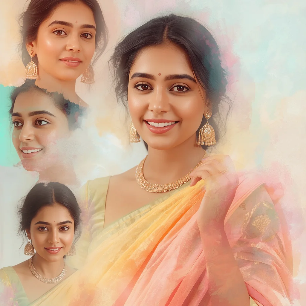 Soft Watercolor Wash Collage of a Radiant Indian Woman | prompt for girls college instagram — AI image prompt