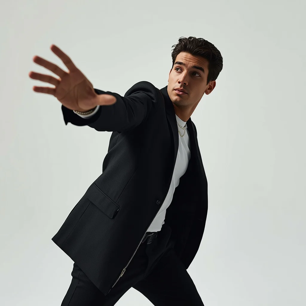 Stylish Man Extending Arm Expressive Gesture Bold Masculine Motion | prompt gemini ai — AI image prompt