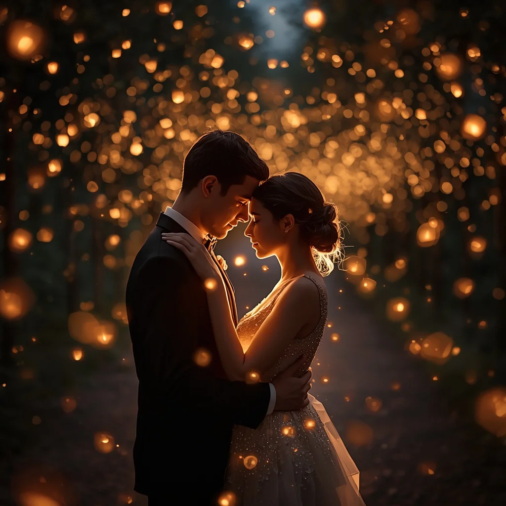 Tender Couple Embraced by a Swarm of Glowing Firefly Lanterns | Romantic couple prompts — AI image prompt