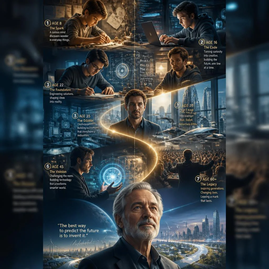 A Man's Journey of Innovation: From Creative Spark to World-Changing Invention | Modern Design Prompt — AI image prompt