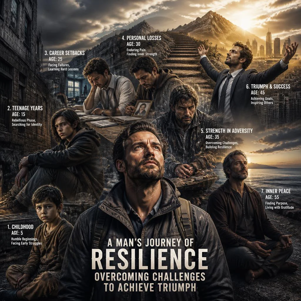 A Man's Journey of Resilience: Overcoming Challenges to Achieve Triumph | Midjourney Prompt List — AI image prompt