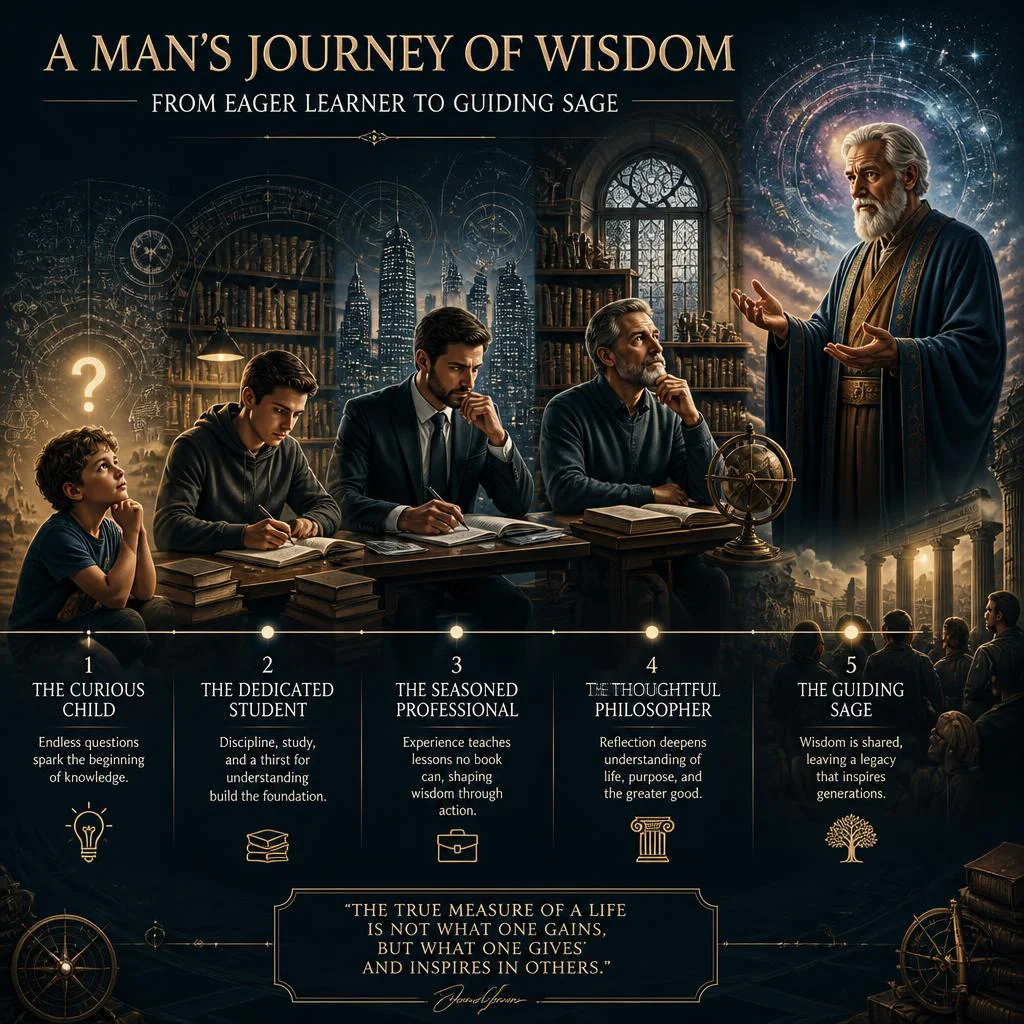 A Man's Journey of Wisdom: From Eager Learner to Guiding Sage | Aesthetic Prompt — AI image prompt