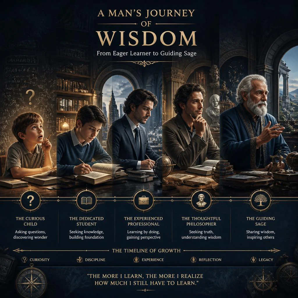A Man's Journey of Wisdom: From Eager Learner to Guiding Sage | Modern Design Prompt — AI image prompt