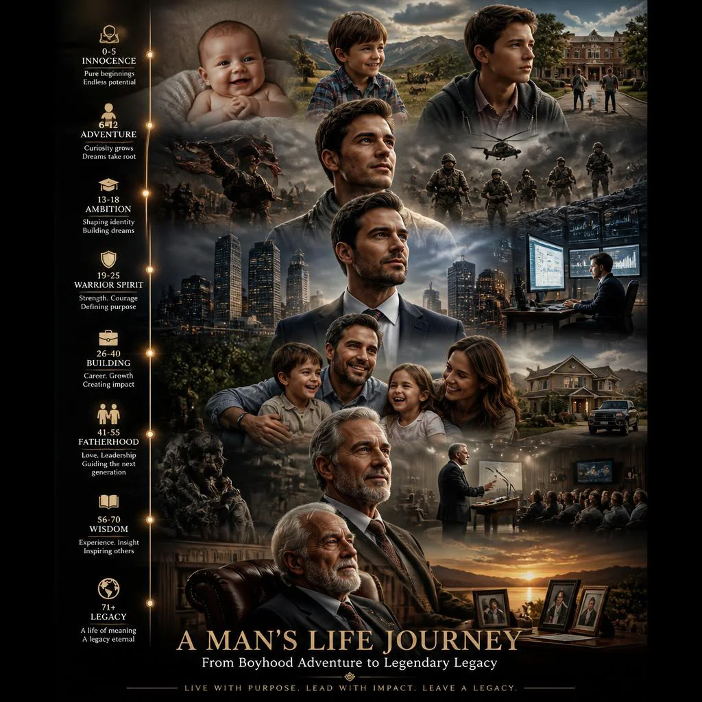 A Man's Life Journey: From Boyhood Adventure to Legendary Legacy | Modern Design Prompt — AI image prompt