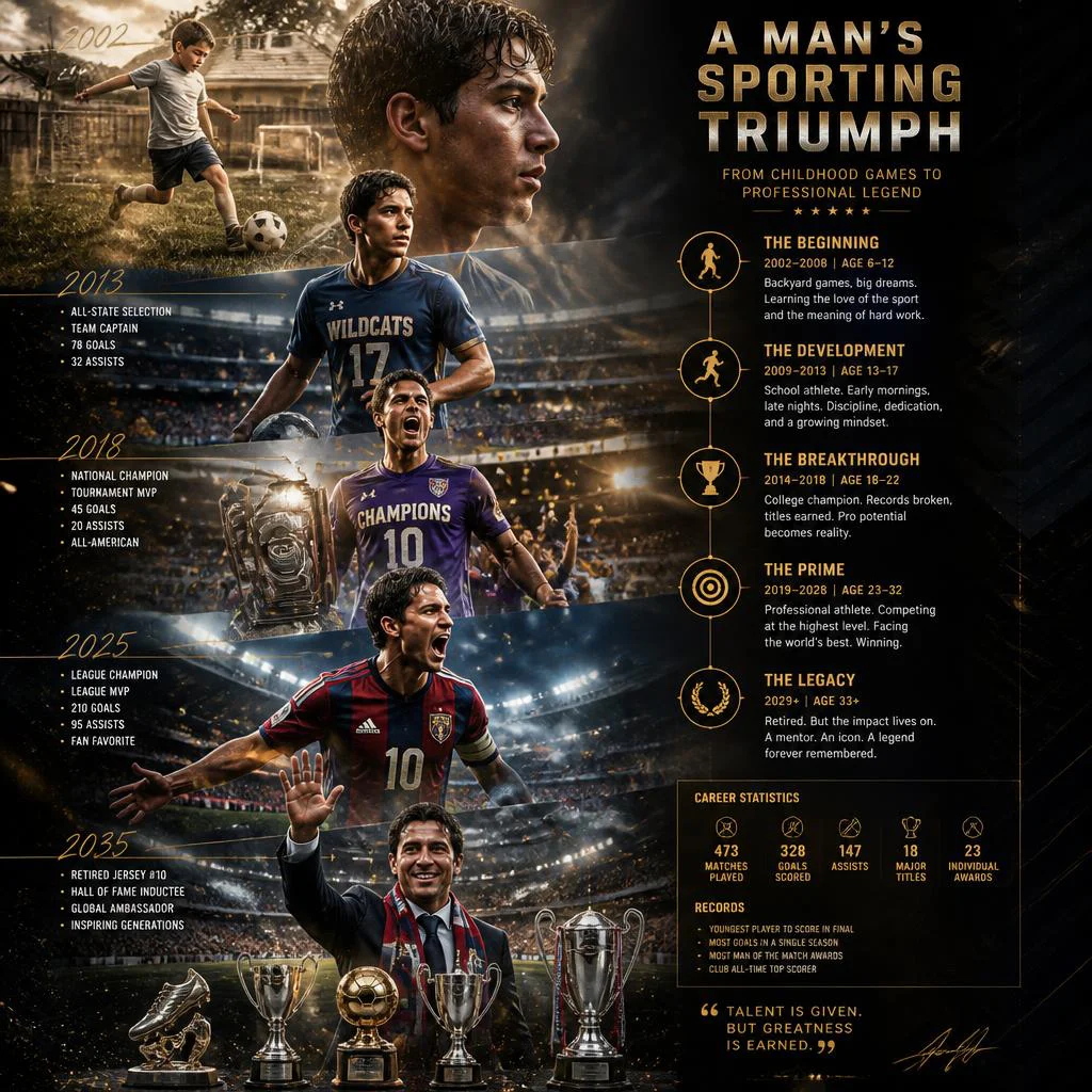 A Man's Sporting Triumph: From Childhood Games to Professional Athlete | Modern Design Prompt — AI image prompt