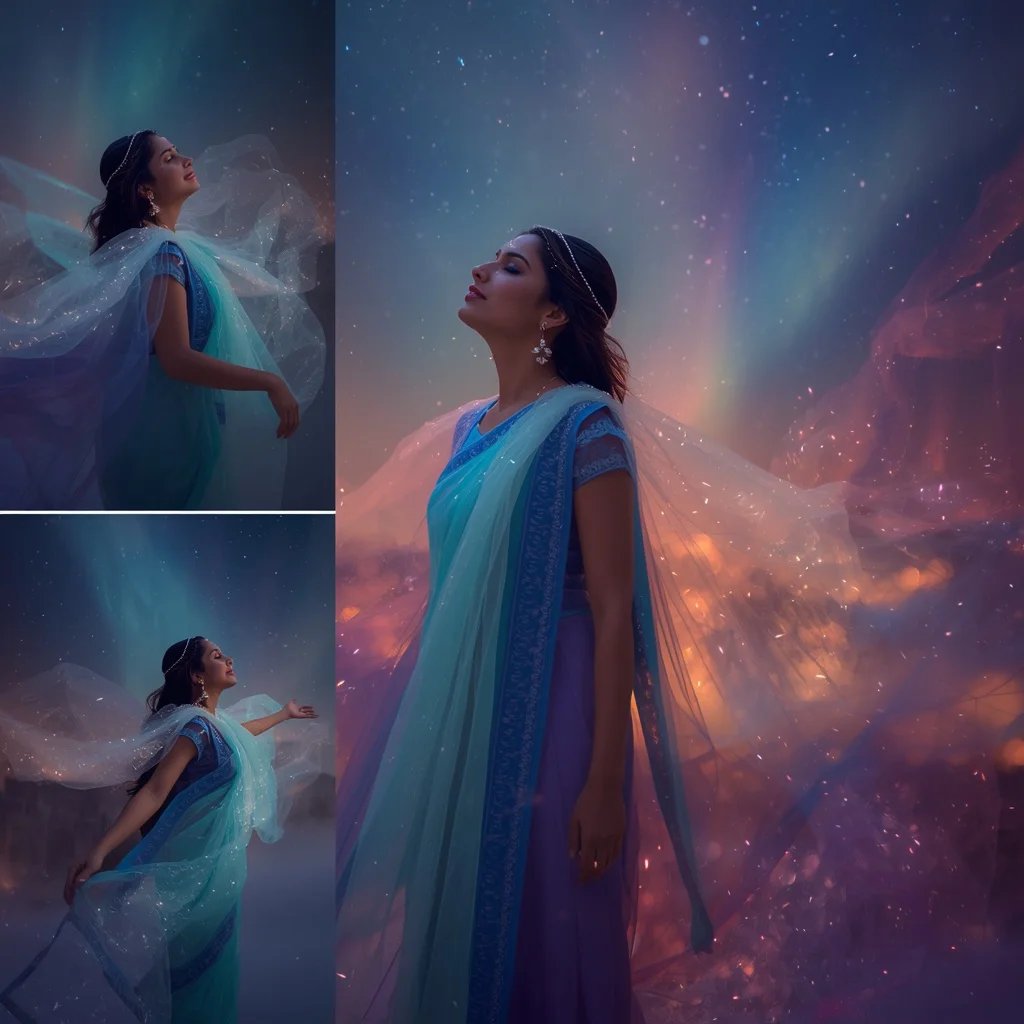 Celestial Aurora Garland Collage: Indian Woman in Magical Sky Veil | Indian Traditional Prompt — AI image prompt