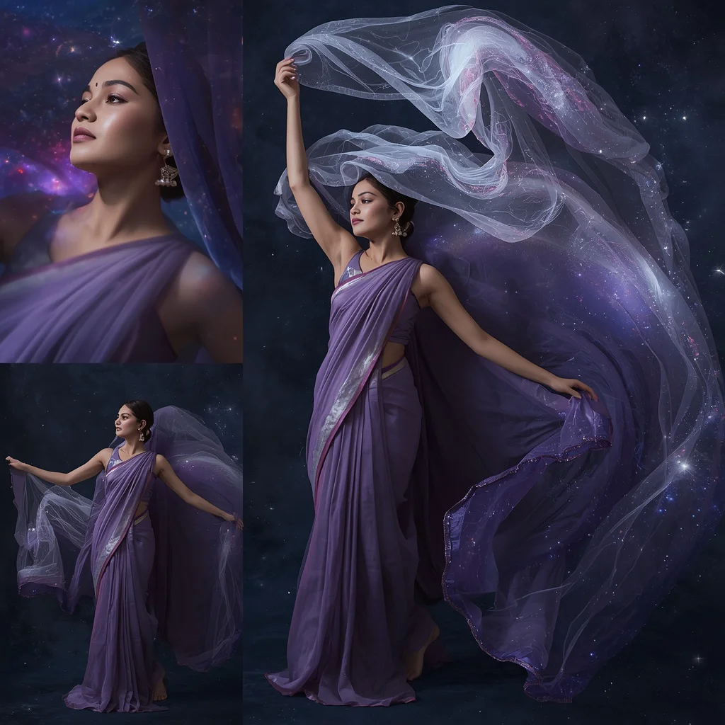 Celestial Silk Galaxy Collage: Indian Woman in Flowing Cosmic Drapes | South Indian Prompt — AI image prompt