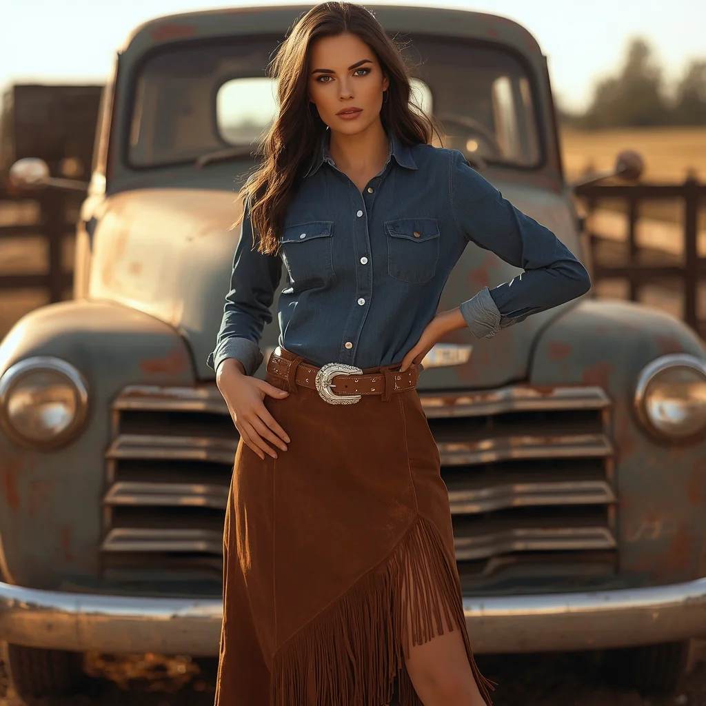 Classic Rodeo Chic: A Denim Shirt and Leather Skirt Ensemble | Makeup Ai Prompt — AI image prompt