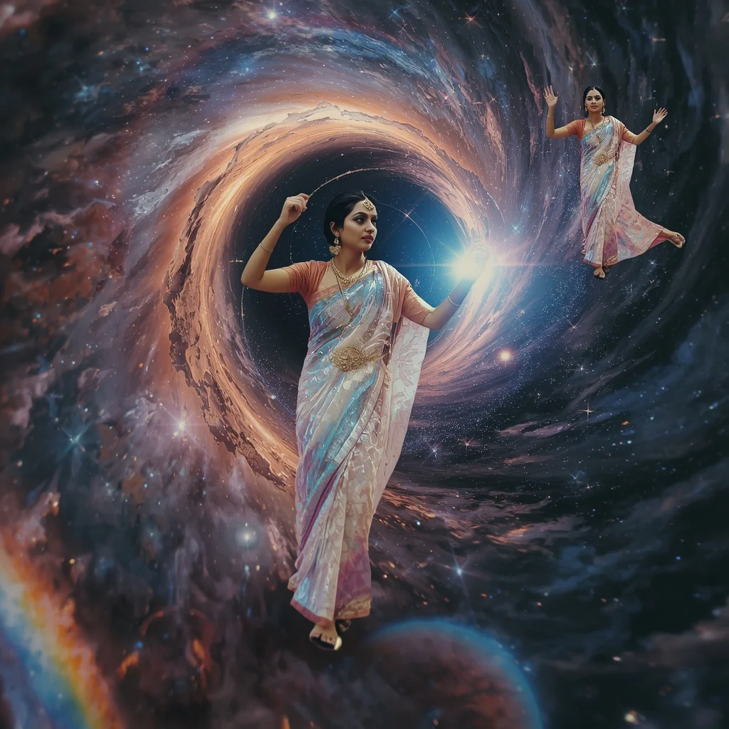 Cosmic Time Warp Collage: Indian Woman in Swirling Galactic Vortex | Trending Indian Prompt — AI image prompt