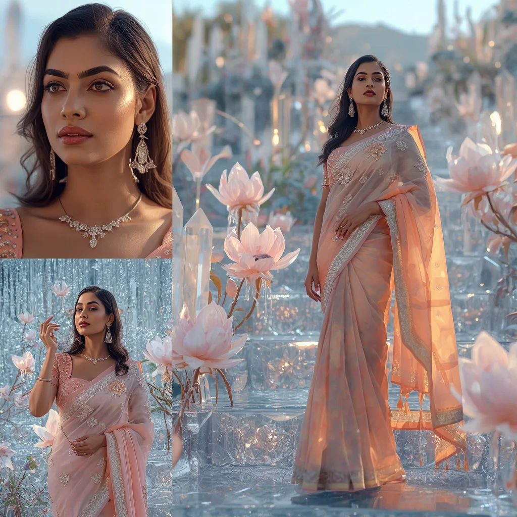 Crystal Bloom Terraces Collage: Indian Woman in Sparkling Garden Oasis | South Indian Prompt — AI image prompt