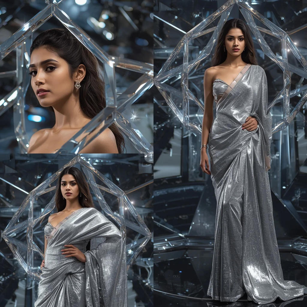 Crystal Lattice Collage: Indian Woman in Geometric, Transparent Structures | Saree Aesthetic Prompt — AI image prompt