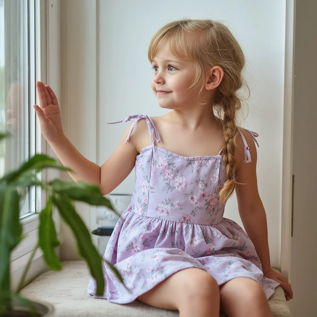 Cute Girl In Lavender Floral Sundress In Sunlit Room | Cute Girls Prompt — AI image prompt