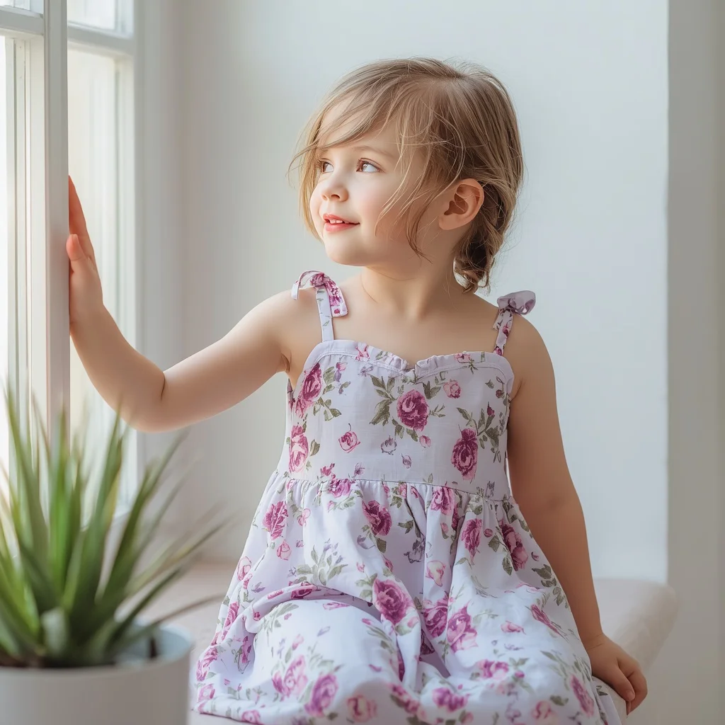 Cute Girl In Lavender Floral Sundress In Sunlit Room | Girl Prompt — AI image prompt
