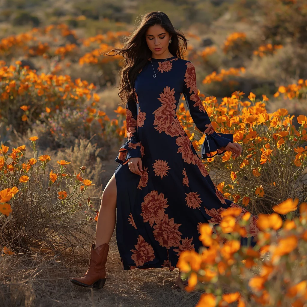 Desert Bloom: A Modern Western Floral Maxi Dress | Highlight Cover Prompt — AI image prompt