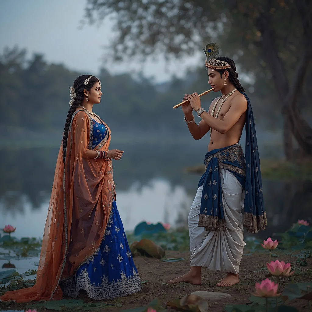 Divine Radha and Krishna Gazing Across Yamuna | Couple Ai Prompt — AI image prompt
