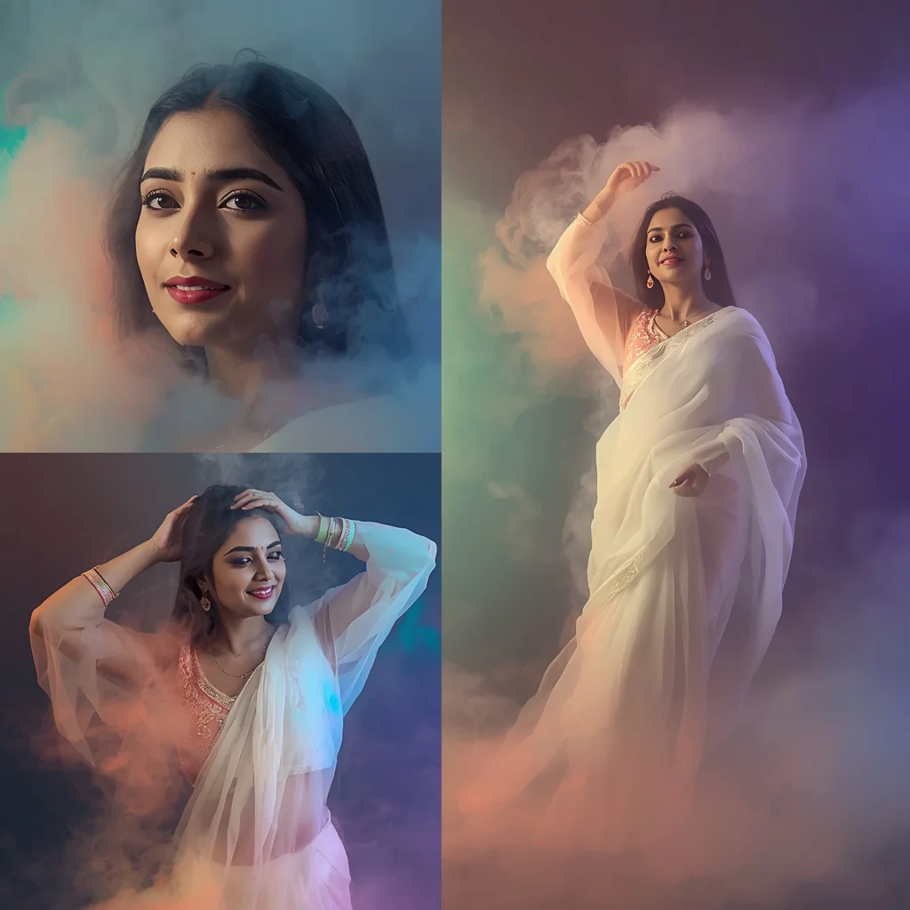 Dreamy Rainbow Mist Collage: Indian Woman in Ethereal Color Cloud | Indian Traditional Prompt — AI image prompt