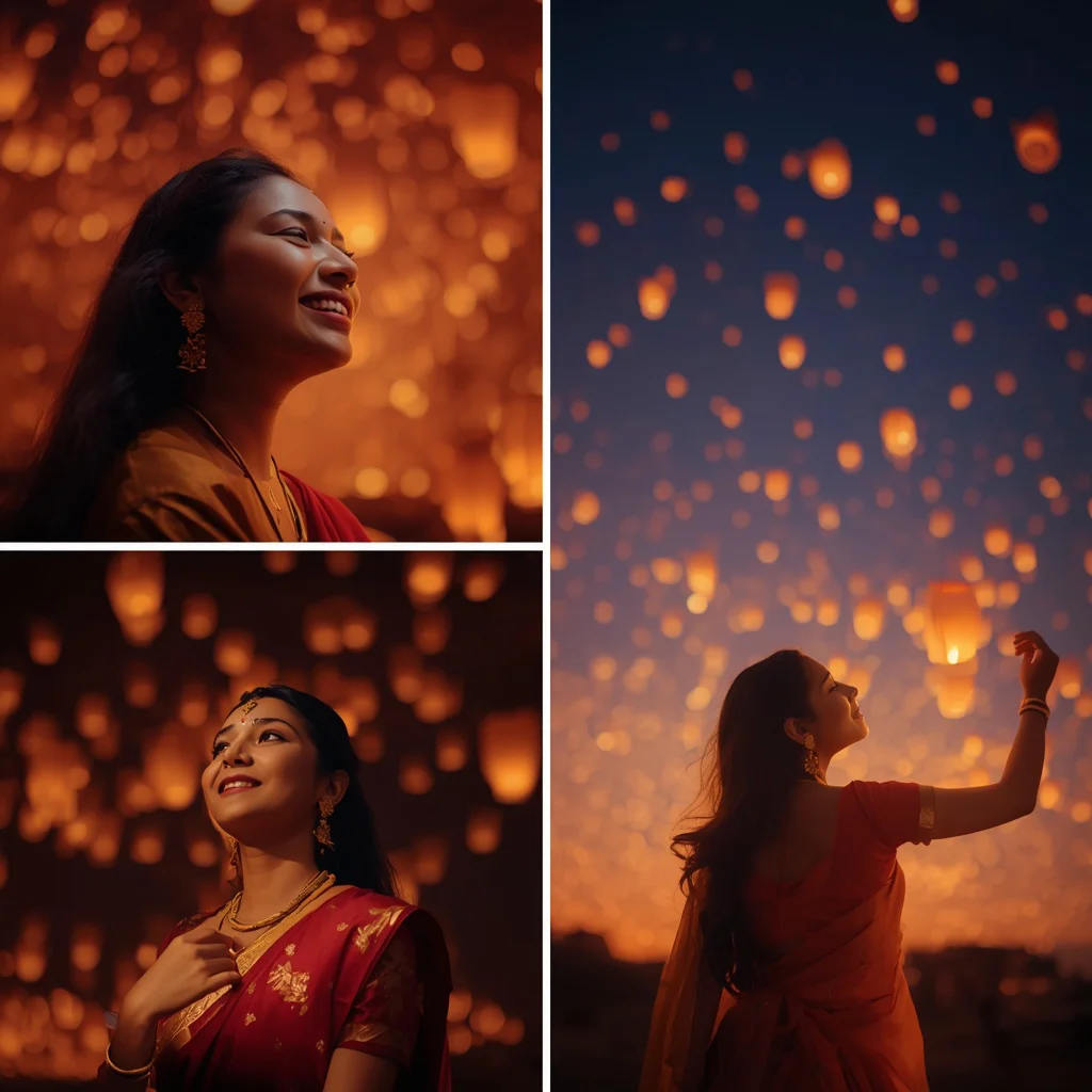 Dreamy Sky Lantern Festival Collage: Indian Woman in Luminous Twilight | Indian Style Prompt — AI image prompt