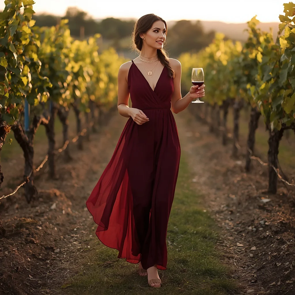 Elegant Vineyard Romance: A Flowing Chiffon Jumpsuit | 3d Animation Prompt — AI image prompt