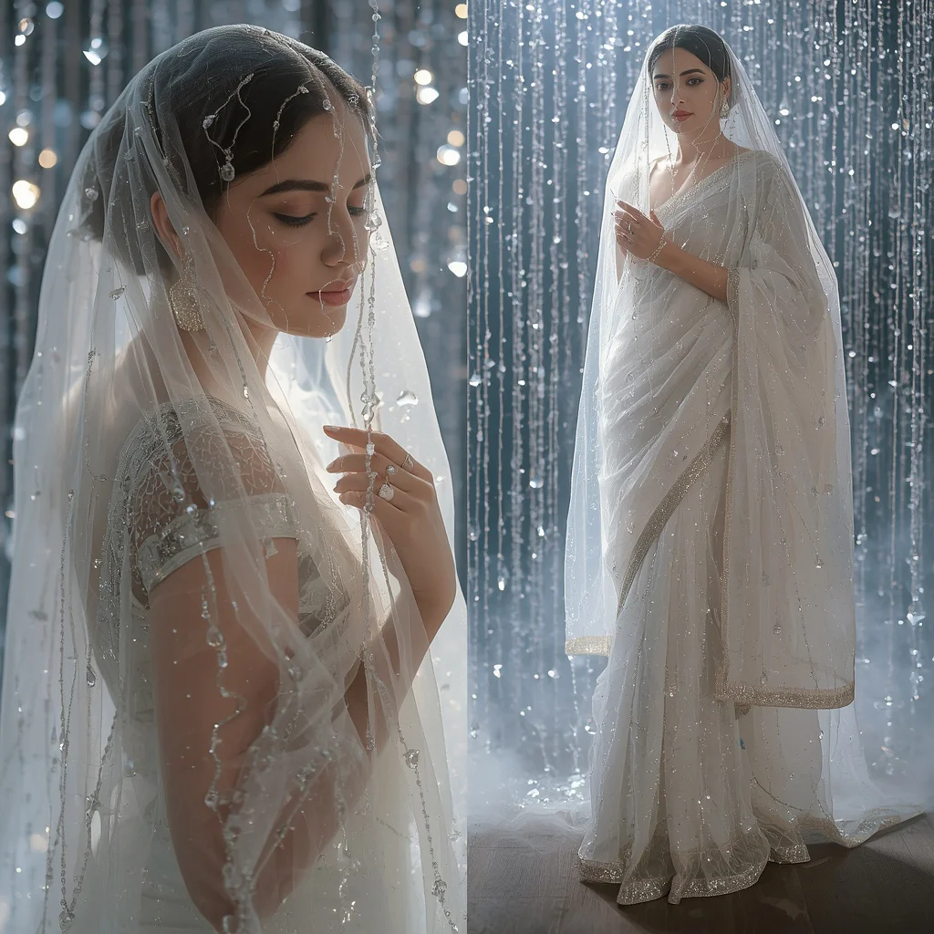 Ethereal Crystal Veil Collage: Indian Woman in Shimmering Light Curtain | Saree Pose Prompt — AI image prompt