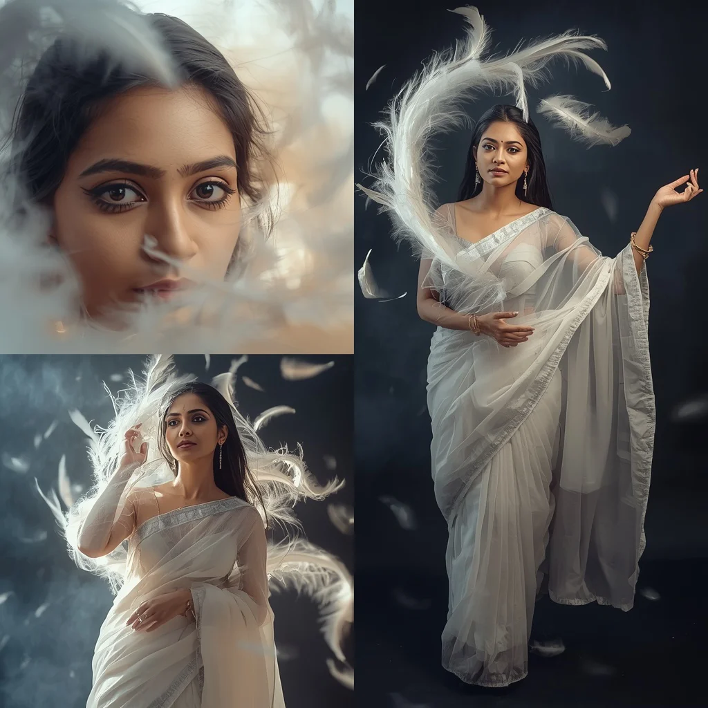 Ethereal Feather Swirl Collage: Indian Woman in Gentle, Floating Aura | Trending Indian Prompt — AI image prompt
