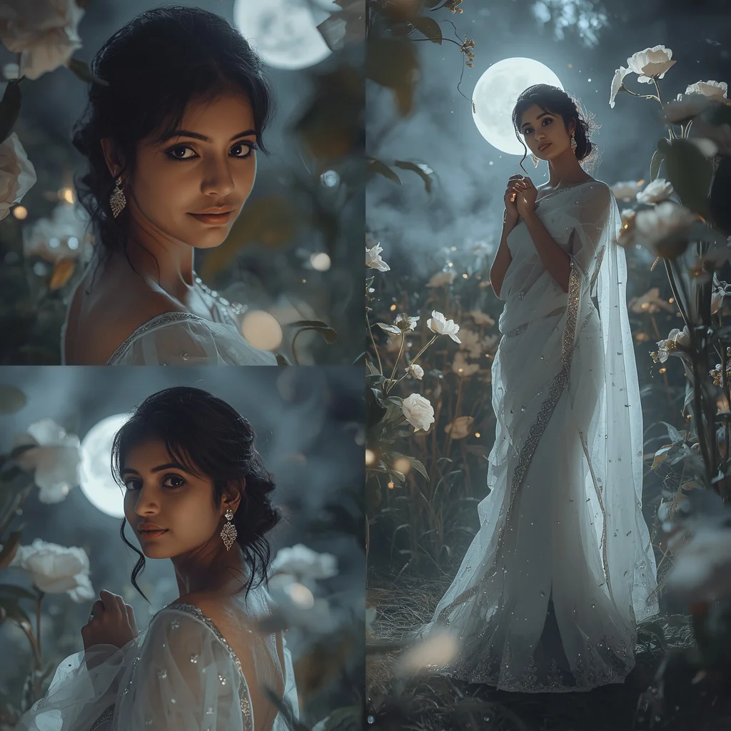 Ethereal Moonlight Garden Collage: Indian Woman in Luminous Floral Scene | South Indian Prompt — AI image prompt