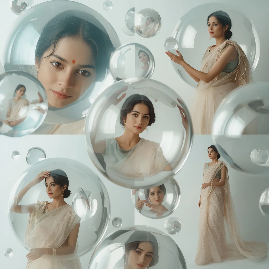 Floating Glass Orb Collage: Indian Woman in Spherical Reflections | Saree Woman Prompt — AI image prompt