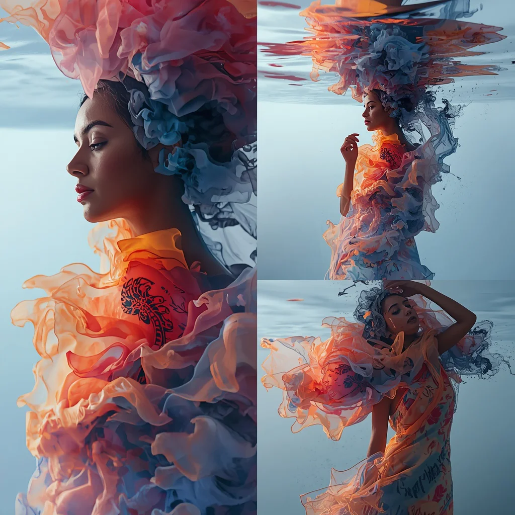 Floating Ink Bloom Collage: Indian Woman in Ethereal, Fluid Patterns | South Indian Prompt — AI image prompt