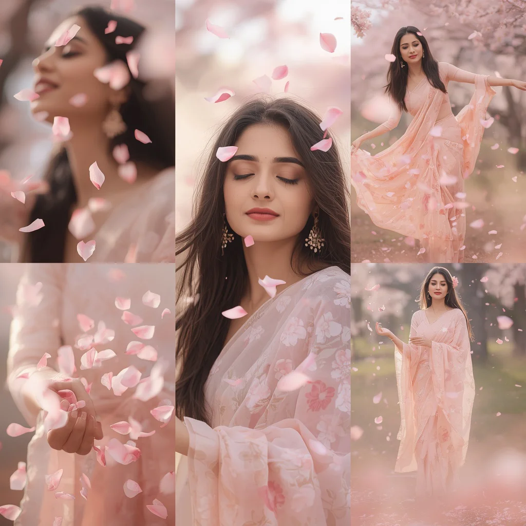 Floating Sakura Petal Collage: Indian Woman in Dreamy Floral Haven | Indian Style Prompt — AI image prompt
