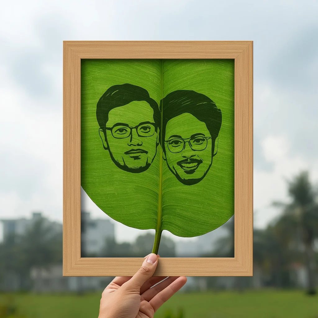 Framed Leaf Art: Couple Portrait on Green Peepal Leaf | Romantic Couple Prompts — AI image prompt