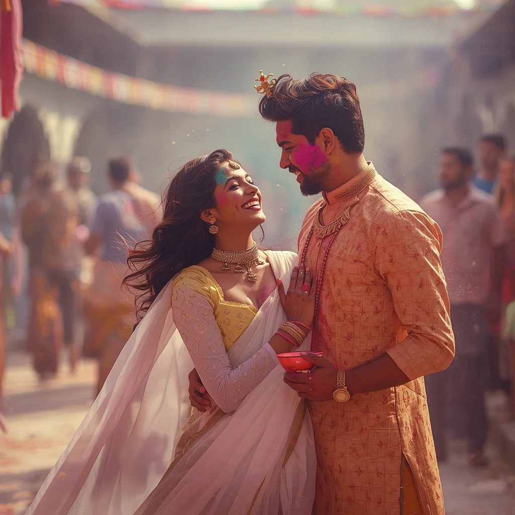 Holi Romance: Radha Krishna in a Shower of Colors | Cinematic Couple Prompt — AI image prompt