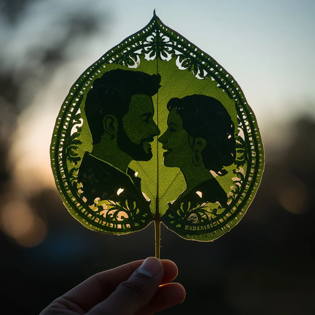 Intricate Leaf-Cut Couple Silhouette: Romantic Peepal Art | Couple Hug Prompt — AI image prompt