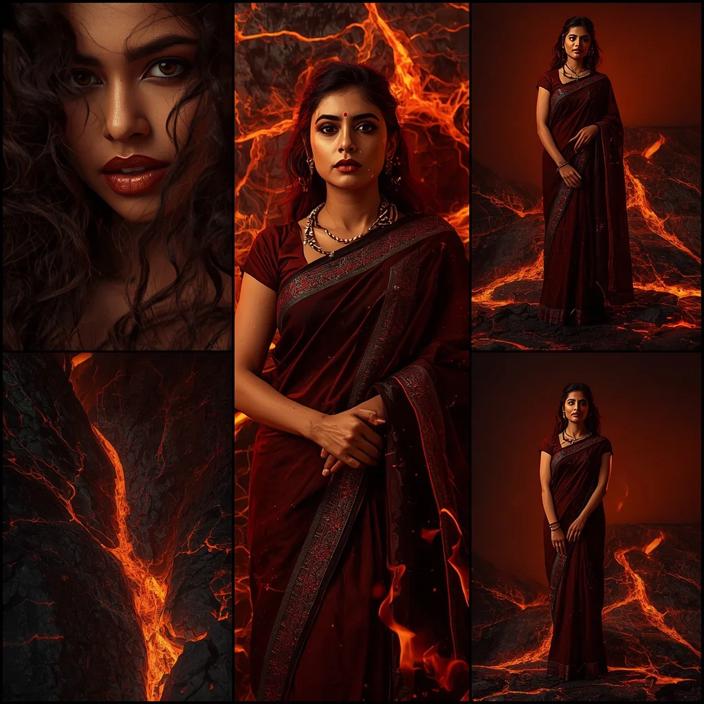 Molten Lava Collage: Indian Woman in Fiery Tones and Dramatic Glow | Indian Saree Prompt — AI image prompt