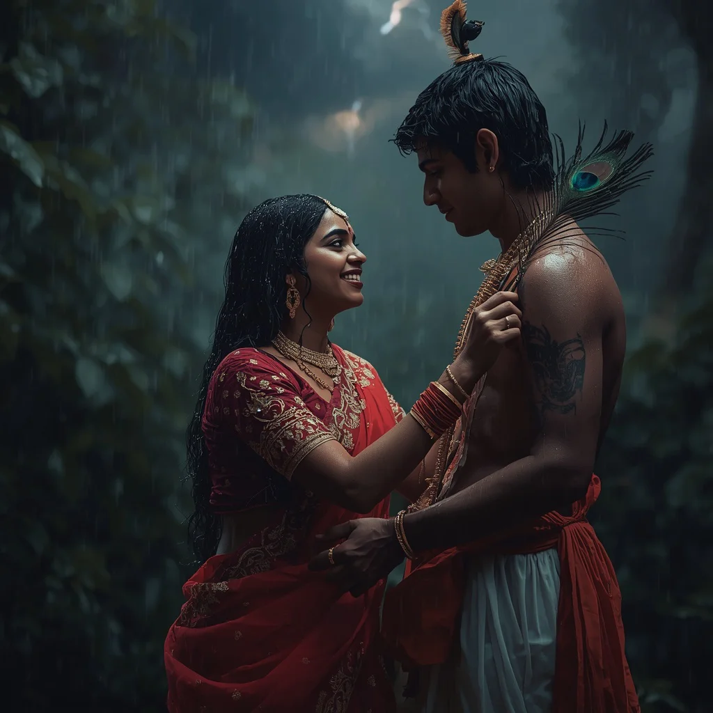 Monsoon Romance: Radha and Krishna Under the Rains | Couple Romantic Prompt — AI image prompt