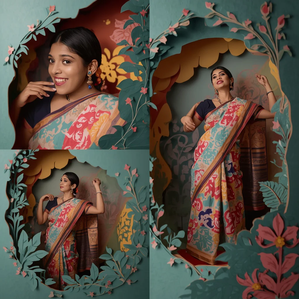 Paper Cut-Out Diorama Collage: Indian Woman in Layered, Theatrical Scene | South Indian Prompt — AI image prompt
