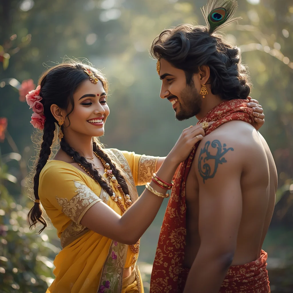 Playful Exchange: Radha and Krishna's Joyful Banter | Hot Romantic Prompt — AI image prompt