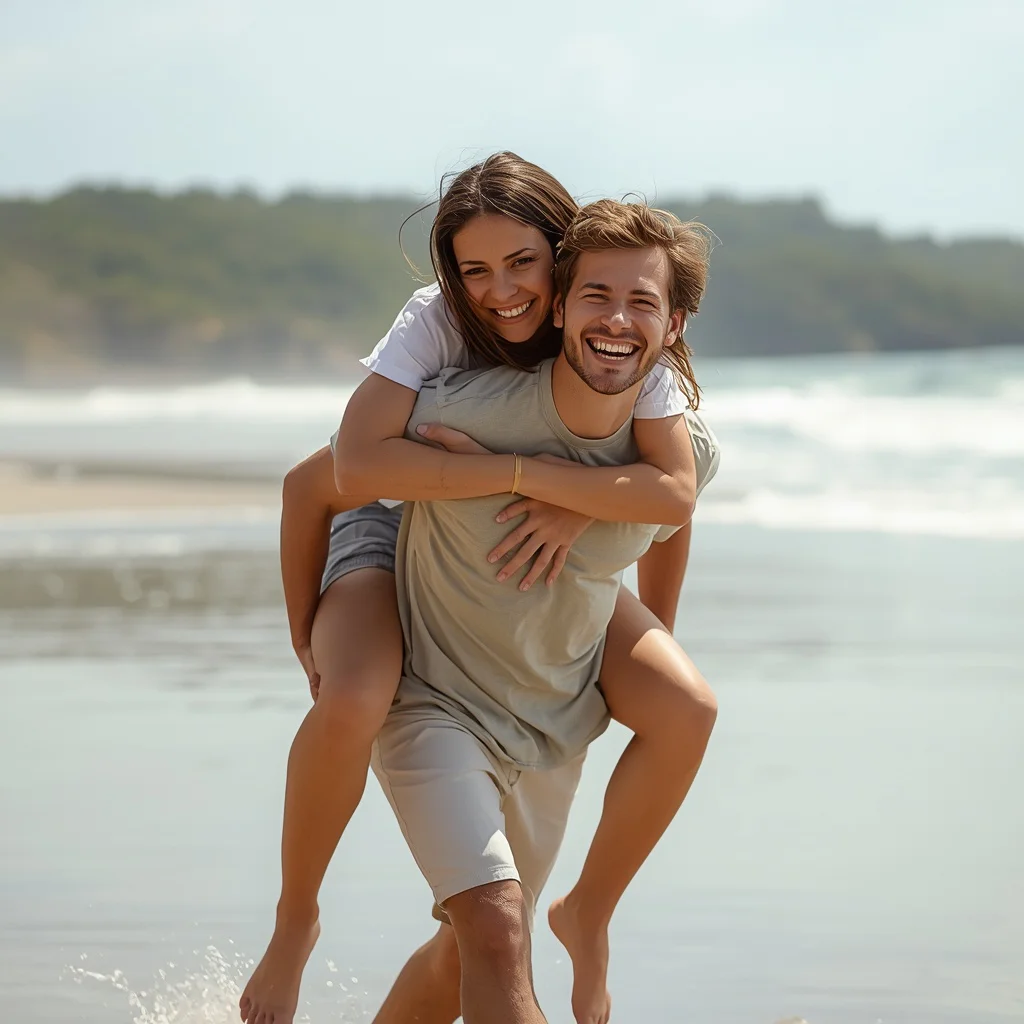 Playful Piggyback Race: A Joyful Beach Moment | Realistic Prompt — AI image prompt