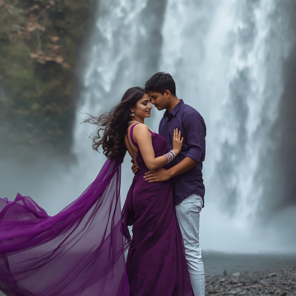 Purple Saree Dreams: Intimate Waterfall Pre-Wedding Portrait | Romantic Couple Prompts — AI image prompt